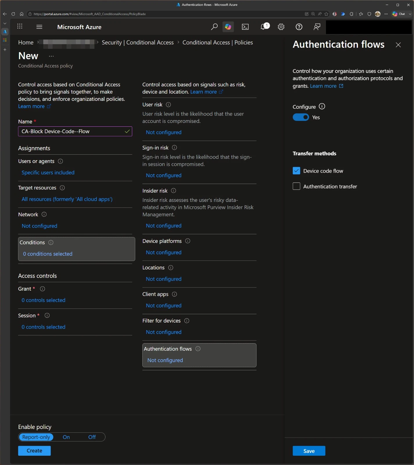 Auswahl der Condition "Authentication Flows" -> "Device Code Flow"