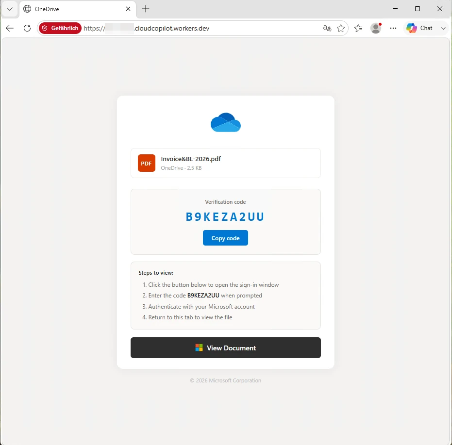 Beispielbild einer gefälschten OneDrive-Seite, die auf Workers.dev gehostet wird und dort einen Device-Code anzeigt
