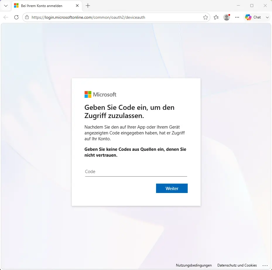 Legitime Microsoft-Seite für den Login via Device-Code
