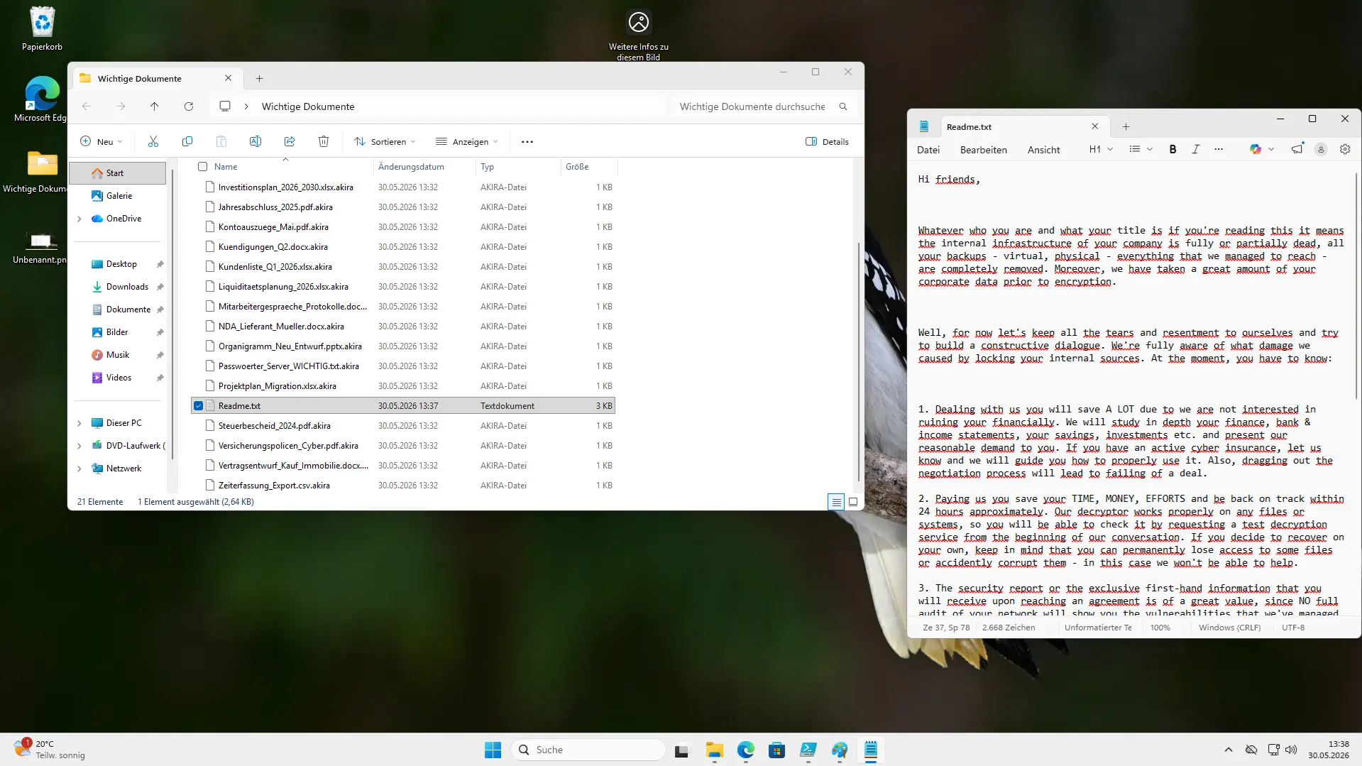 Verschlüsselte Dateien auf einem Desktop mit offener Ransom-Note