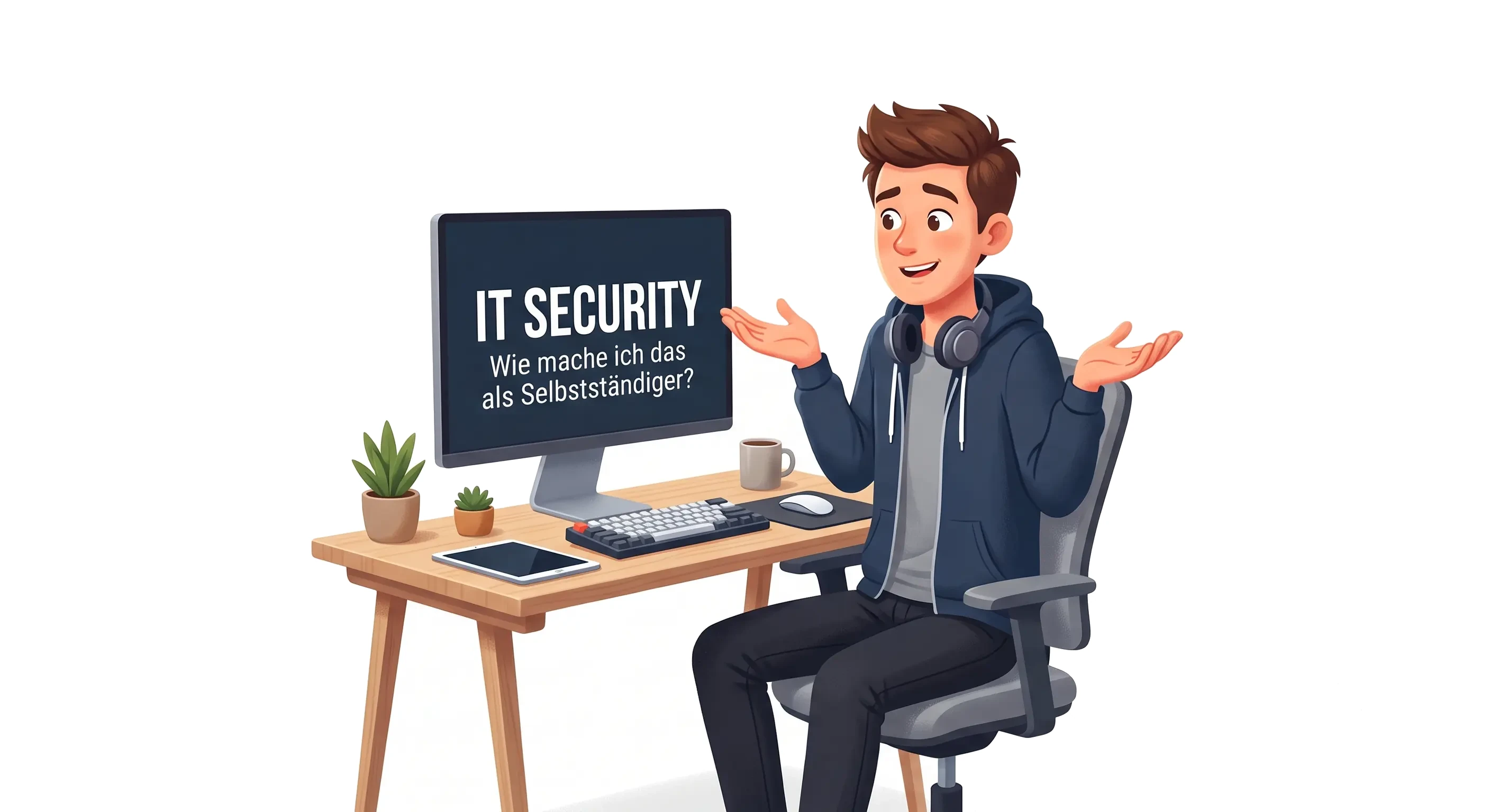 Arbeitsplatz eines Selbstständigen mit Laptop und Sicherheitshinweisen