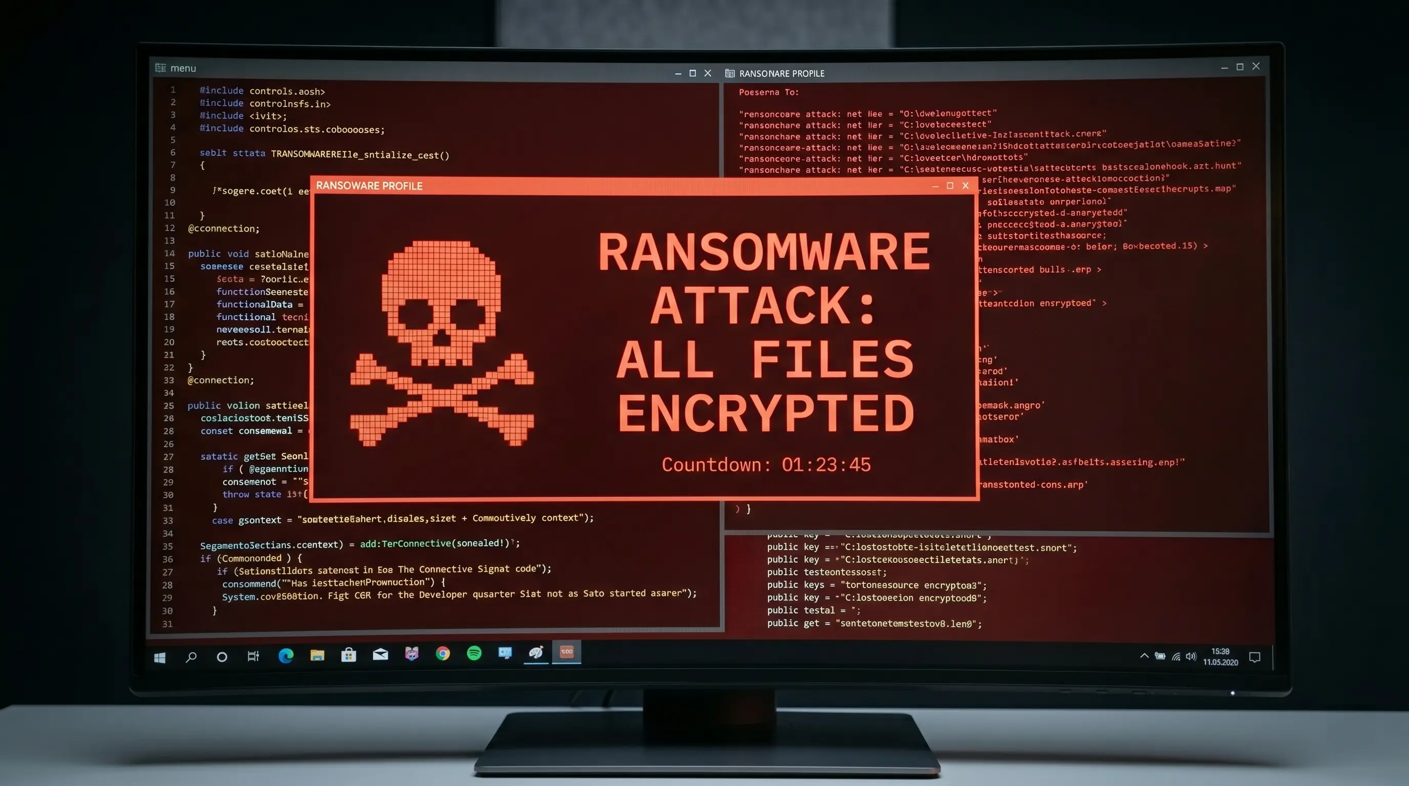 Computerbildschirm zeigt eine Ransomware-Lösegeldforderung in einem dunklen Büro