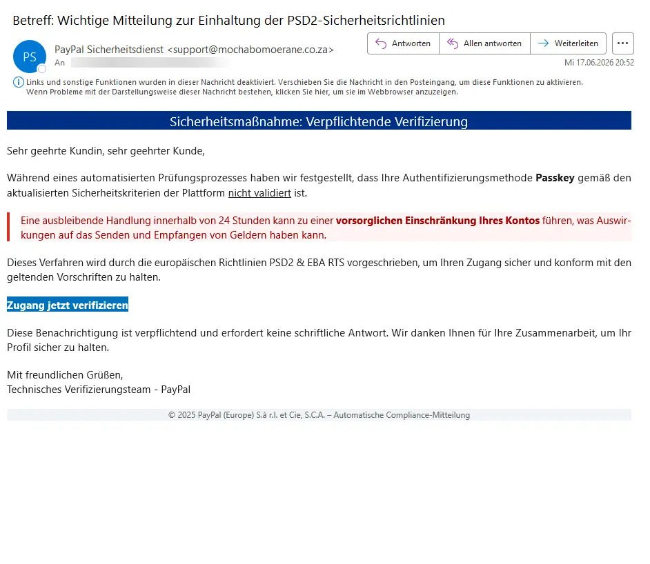Beispiel einer Phishing-Mail, die behauptet, auf Basis der PSD2-Richtlinie eine Aktualisierung des Kontos vornehmen zu müssen