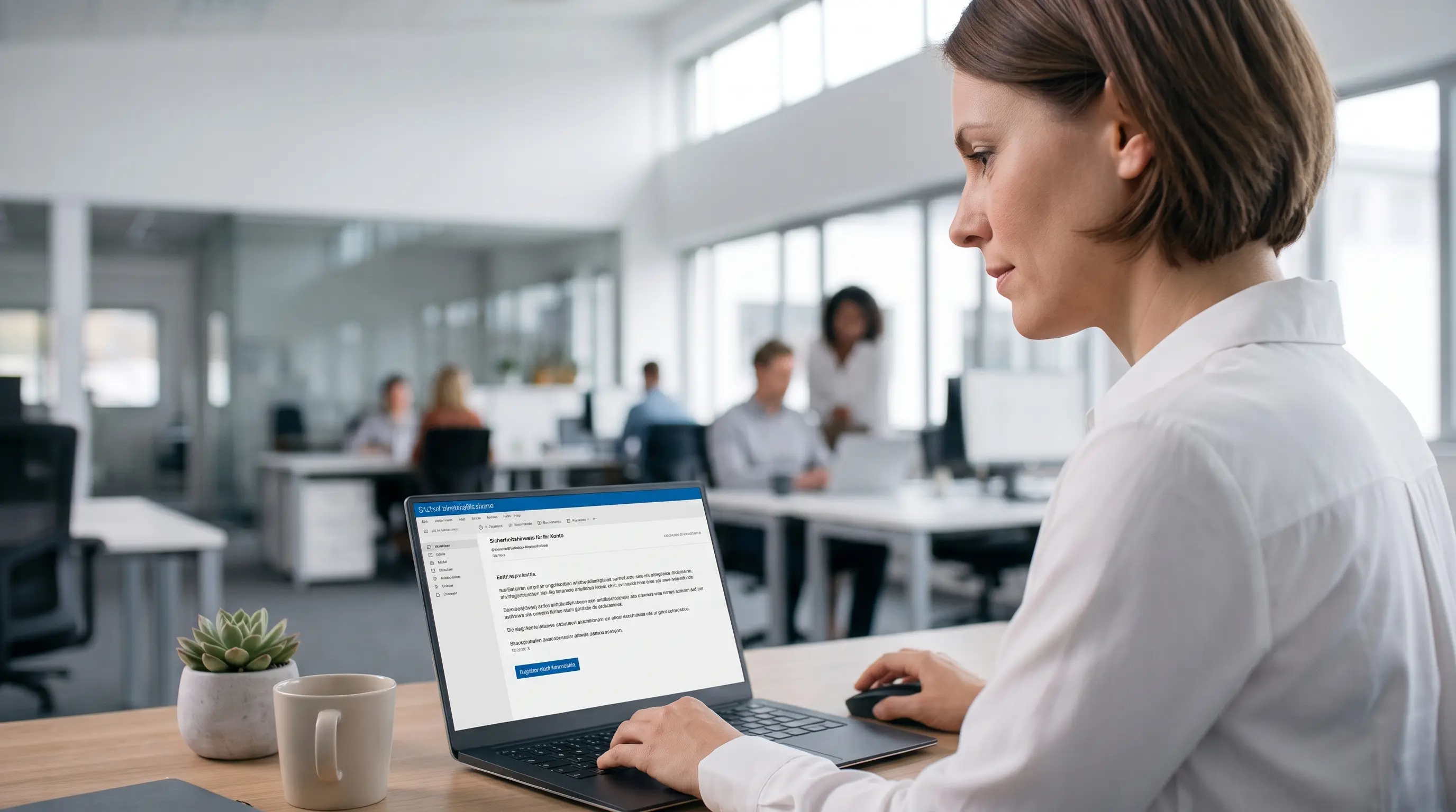 Frau klickt auf Phishing Link im Büro